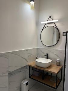 ein Bad mit einem Waschbecken und einem Spiegel in der Unterkunft Apartman Mala in Zagreb