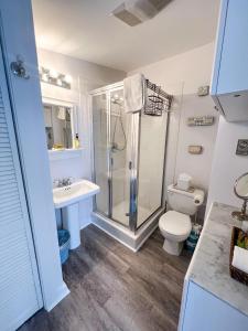 a bathroom with a shower and a toilet and a sink at Inn at Cook Street in Provincetown