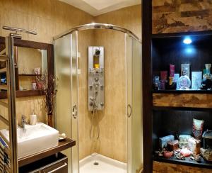 ein Bad mit einer Dusche und einem Waschbecken in der Unterkunft Promenade suite in Kotor