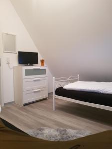 Schlafzimmer mit einem Bett und einer Kommode mit einem TV in der Unterkunft Ferienhaus Joschko in Bad Arolsen