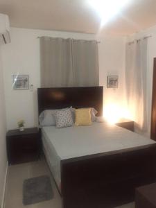 um quarto com uma cama grande e 2 almofadas em Comodas 3 Hab con piscina, Wifi 1er nivel em Santiago de los Caballeros