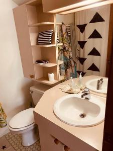 łazienka z białą umywalką i toaletą w obiekcie La Parva Dpto w mieście Farellones