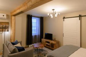 a bedroom with a bed and a tv and a couch at Le Court-Toit in Rouyn-Noranda