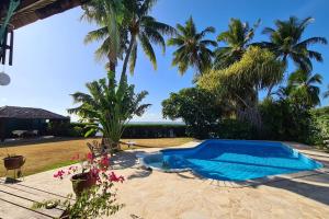 uma piscina num quintal com palmeiras em Villa Naki em Maharepa