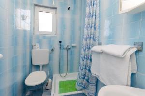洛帕爾的住宿－Apartments and Room Sime M，蓝色瓷砖浴室设有卫生间和淋浴。