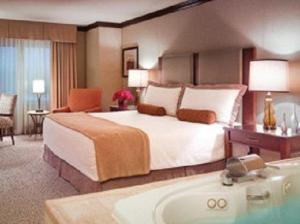 カウンシル・ブラフスにあるAmeristar Casino Hotel Council Bluffsのベッドとバスタブ付きのホテルルームです。