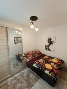 een slaapkamer met een spiegel naast een bed bij MK Apartament II in Rzeszów
