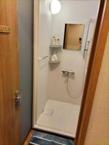 a bathroom with a shower with a mirror at bnb plus Ueno Park Female only in Tokyo