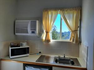 a kitchen with a sink and a microwave and a window at Country Rose Motel Warwick in Warwick