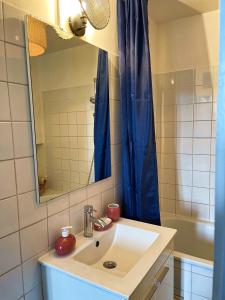a bathroom with a sink and a mirror at ☆ Sur les toits de Blois ☆ T2 avec vue Château in Blois