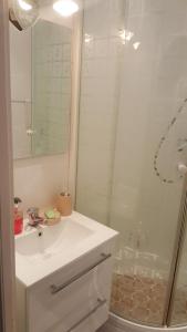 y baño con lavabo blanco y ducha. en Apartament Waszyngtona, en Varsovia