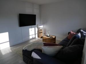 sala de estar con sofá y TV de pantalla plana en Helles 2-Zimmer-Apartment in Ostin am Tegernsee en Gmund am Tegernsee