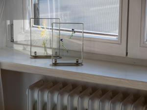 ein Fensterbrett mit zwei Vasen mit Blumen darauf in der Unterkunft Helles 2-Zimmer-Apartment in Ostin am Tegernsee in Gmund am Tegernsee