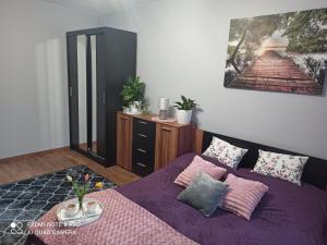 sypialnia z fioletowym łóżkiem z 2 poduszkami w obiekcie Silver Apartment Mazury Giżycko w mieście Giżycko
