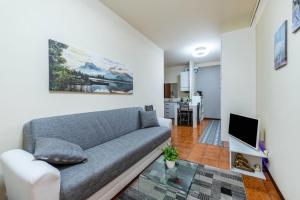 a living room with a couch and a tv at Casa Jessika in Gardone Riviera