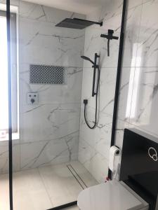 W łazience znajduje się prysznic ze ścianami z białego marmuru. w obiekcie Studio calme-équipements haut de gamme w mieście Sarreguemines
