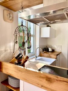 a kitchen with a sink and a counter top at Gronocottage in Bad Harzburg