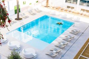 a pool with chairs and a bird in the water at Ibiza Rocks Hotel - Adults Only in San Antonio