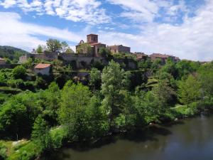 an old castle on a hill next to a river at Chez Suzon in Auzon