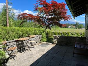 eine Terrasse mit einem Tisch, Stühlen und einem Baum in der Unterkunft Waldchalet am Eichhof in Innsbruck