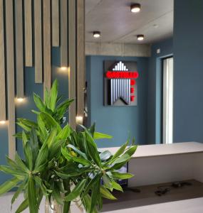 łazienka z niebieską ścianą z ławką i roślinami w obiekcie Gastello hotel w mieście Biszkek