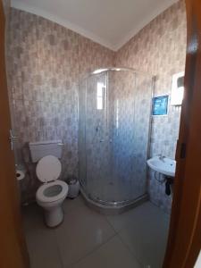 a bathroom with a shower and a toilet and a sink at Amariah Guesthouse - Kazungula in Kasane