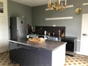 a kitchen with a black counter top and a refrigerator at La Maison Ruth in Montbray