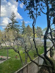 een boom in een tuin naast een hek bij Appartement de deux chambres au calme in Nozay