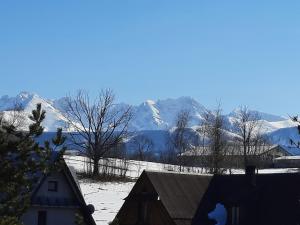 a view of a snow covered mountain with a house at Apartamenty u Gabi in Poronin