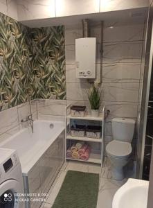 Silver Apartment Mazury Giżycko في غيجيتسكو: حمام مع حوض ومرحاض ومغسلة