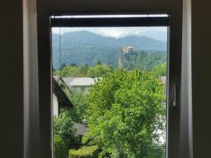 a window with a view of a tree and mountains at Apartment LakeBled with Casle Bled view in Bled