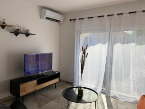 Televízia a/alebo spoločenská miestnosť v ubytovaní Petite maison en pierre