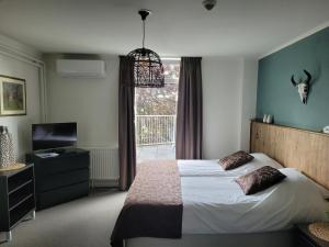 sypialnia z łóżkiem, telewizorem i oknem w obiekcie Fleurie de Montagne w mieście Mechelen