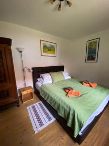a bedroom with two beds with green sheets at Hétmérföldes Vendégház in Szaknyér