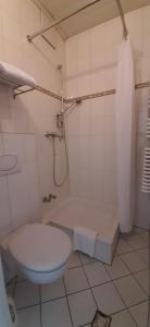 a white bathroom with a toilet and a shower at Pension Post Rüdesheim in Rüdesheim am Rhein +43 photos