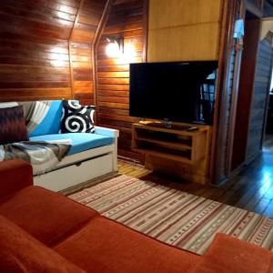 a living room with a flat screen tv and a couch at Cabana dos Alpes in Canela +12 photos