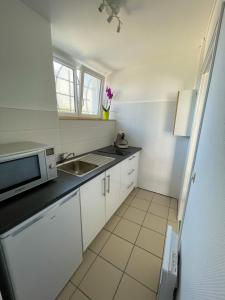 a small kitchen with a sink and a microwave at Gites La Ville Pain in Cancale