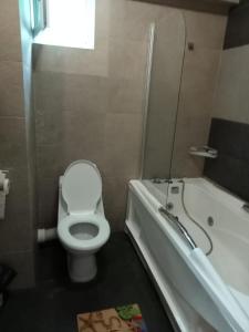 y baño con aseo, bañera y lavamanos. en apartamente si studio joylife, en Costinesti