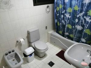 La salle de bains est pourvue de toilettes, d'un lavabo et d'une baignoire. dans l'établissement Amplio departamento en la zona central norte 1B, à Cochabamba