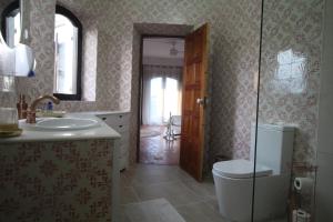 a bathroom with a sink and a toilet and a mirror at Casa do Milho in Carvoeiro