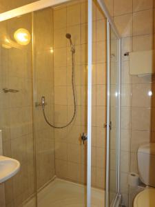 a bathroom with a shower with a glass door at Retro Hotel Suza in Bratislava