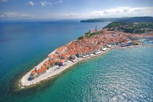 an aerial view of a small island in the water at Apartments Mora Cantada in Piran