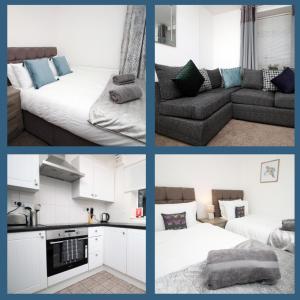 four pictures of a kitchen and a living room at Stay in the Heart of Swansea- TV in Every Bedroom! in Swansea