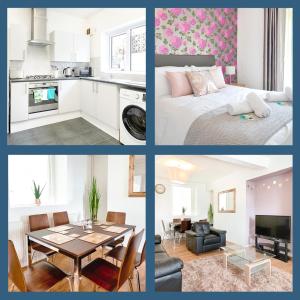 a collage of pictures of a kitchen and a living room at The Swans in Swansea