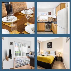 a collage of photos of a kitchen and a living room at Clase Accommodation - TV in Every Bedroom! in Morriston