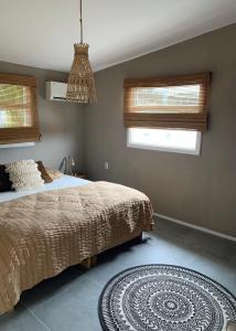een slaapkamer met een bed, een tapijt en 2 ramen bij Casa di Caribe - Deluxe beach house in Willemstad