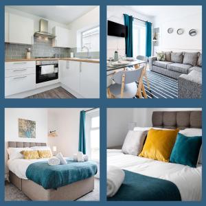 a collage of pictures of a kitchen and a living room at Chesshyre Accommodation - TV in Every Bedroom! in Swansea