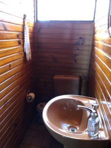 y baño con lavabo y aseo. en Chalé Sonho da Vovó a 5 minutinhos do Centrinho de Capivari en Campos do Jordão