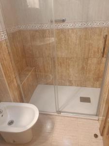 y baño con ducha, aseo y lavamanos. en Apartamento Jardin del Sueve, en Colunga