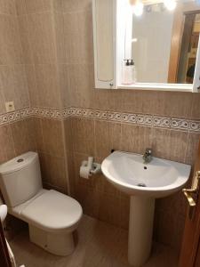ein Badezimmer mit einem WC, einem Waschbecken und einem Spiegel in der Unterkunft Apartamento Jardin del Sueve in Colunga